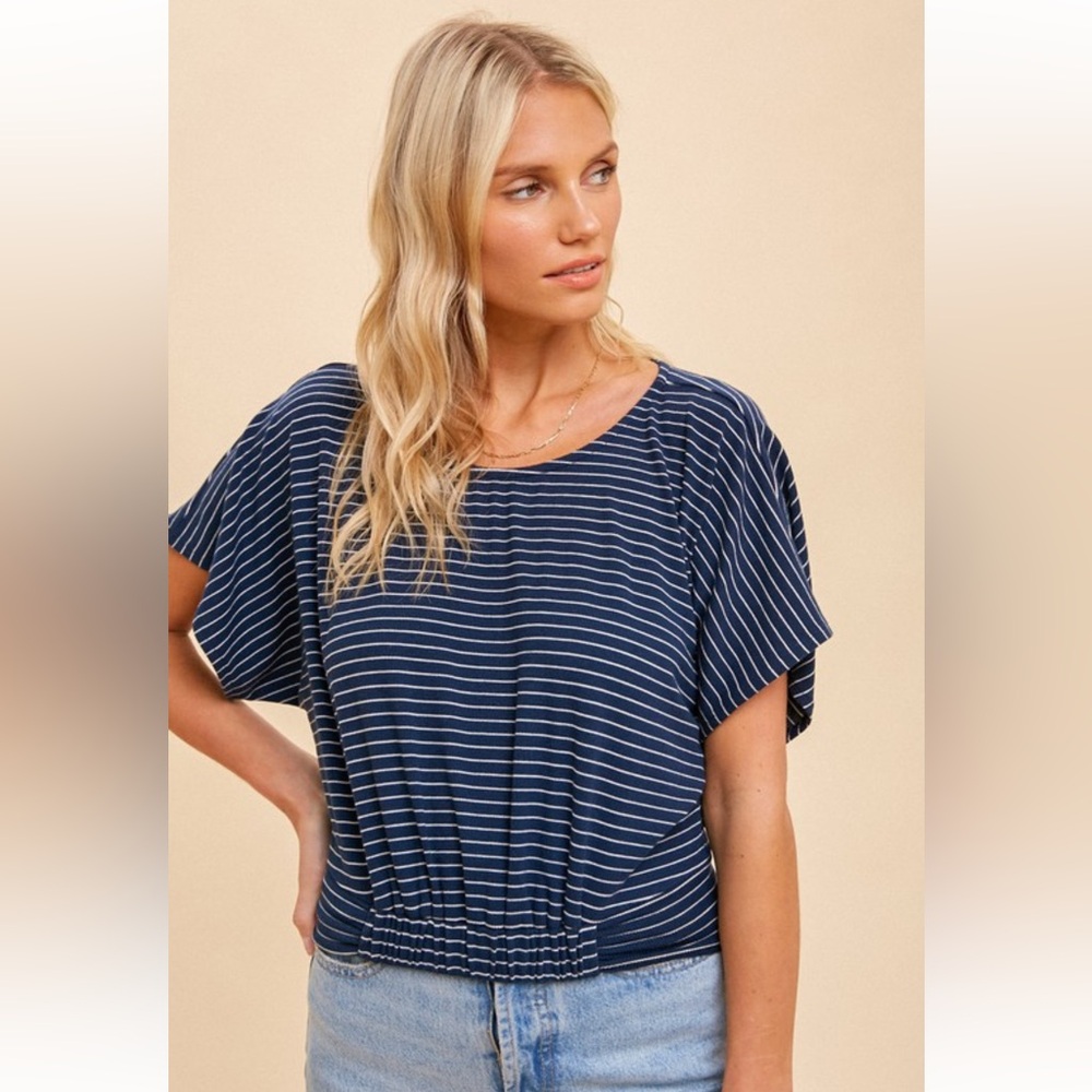 Hem & Thread Striped Navy & White Ruched Hem Kimono Style Crop Top Size LARGE